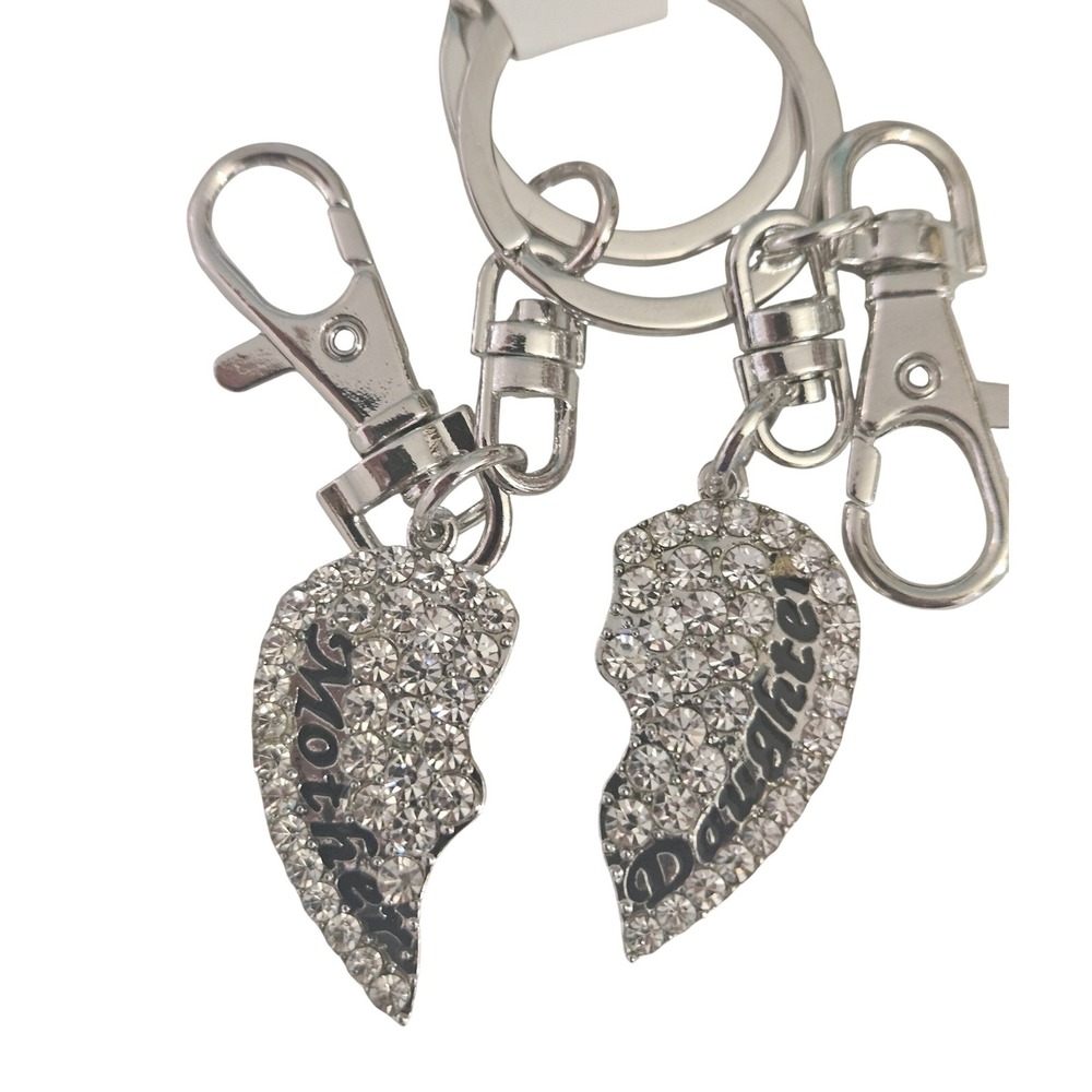 Mother Daughter Heart Charm Rhinestone Split Keychain Set Silver Tone‎ Women